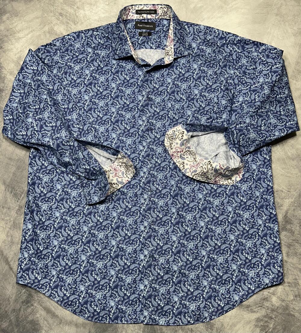 Paul Fredrick Shirt Mens 17.5 34/35 Blue Paisley Classic Non Iron Long Sleeve